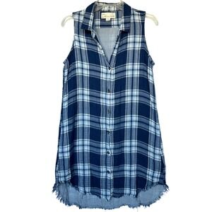 Indigo Havana Blue Plaid Sleeveless Frayed Hem Shift Dress Size S Vintage Grunge